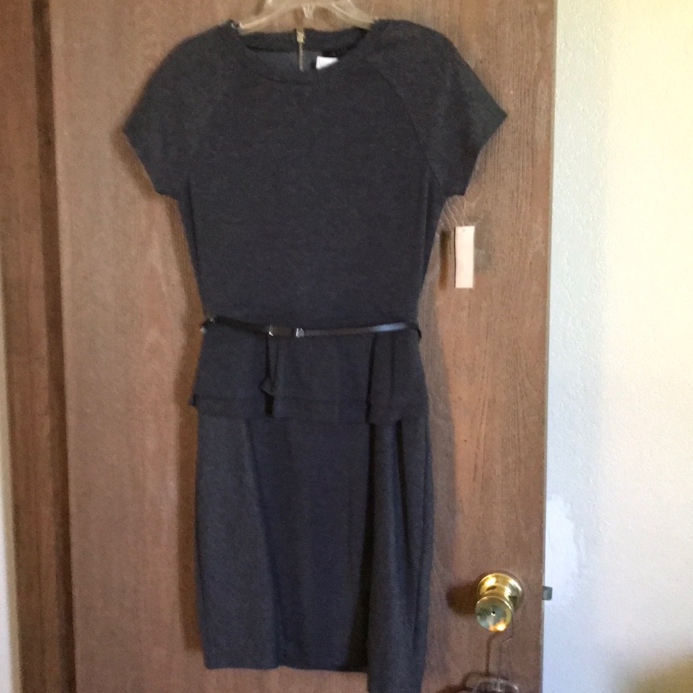 Gray belted  knit dress with peplum